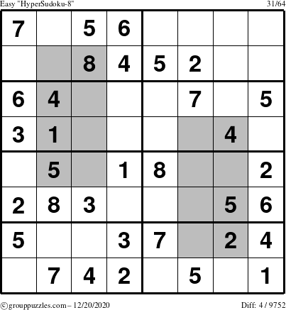 The grouppuzzles.com Easy HyperSudoku-8 puzzle for Sunday December 20, 2020