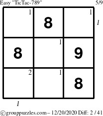 The grouppuzzles.com Easy TicTac-789 puzzle for Sunday December 20, 2020, suitable for printing, with all 2 steps marked