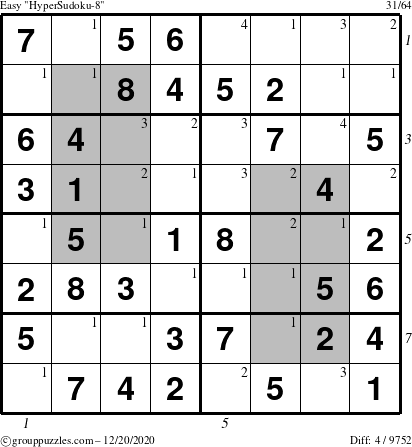 The grouppuzzles.com Easy HyperSudoku-8 puzzle for Sunday December 20, 2020, suitable for printing, with all 4 steps marked