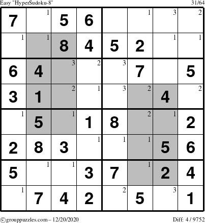 The grouppuzzles.com Easy HyperSudoku-8 puzzle for Sunday December 20, 2020 with the first 3 steps marked