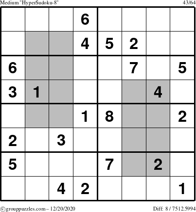 The grouppuzzles.com Medium HyperSudoku-8 puzzle for Sunday December 20, 2020