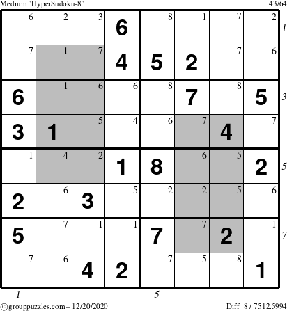 The grouppuzzles.com Medium HyperSudoku-8 puzzle for Sunday December 20, 2020 with all 8 steps marked