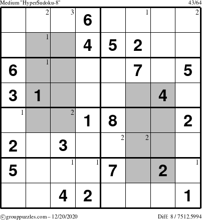 The grouppuzzles.com Medium HyperSudoku-8 puzzle for Sunday December 20, 2020 with the first 3 steps marked