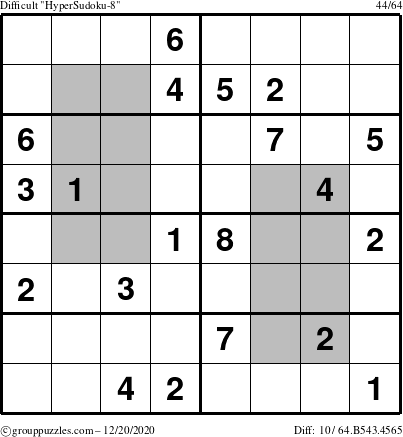 The grouppuzzles.com Difficult HyperSudoku-8 puzzle for Sunday December 20, 2020