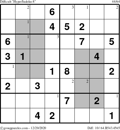 The grouppuzzles.com Difficult HyperSudoku-8 puzzle for Sunday December 20, 2020 with the first 3 steps marked