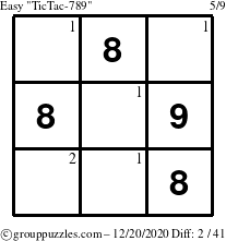 The grouppuzzles.com Easy TicTac-789 puzzle for Sunday December 20, 2020 with the first 2 steps marked