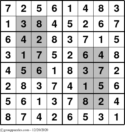 The grouppuzzles.com Answer grid for the HyperSudoku-8 puzzle for Sunday December 20, 2020