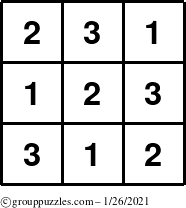 The grouppuzzles.com Answer grid for the TicTac-123 puzzle for Tuesday January 26, 2021