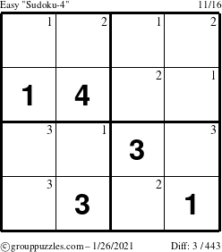 The grouppuzzles.com Easy Sudoku-4 puzzle for Tuesday January 26, 2021 with the first 3 steps marked