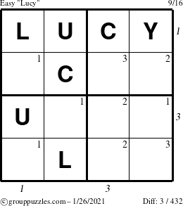 The grouppuzzles.com Easy Lucy puzzle for Tuesday January 26, 2021 with all 3 steps marked