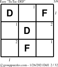 The grouppuzzles.com Easy TicTac-DEF puzzle for Tuesday January 26, 2021 with all 2 steps marked