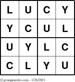 The grouppuzzles.com Answer grid for the Lucy puzzle for Tuesday January 26, 2021