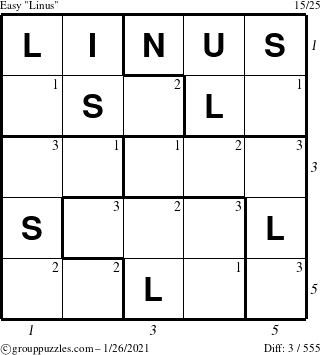 The grouppuzzles.com Easy Linus puzzle for Tuesday January 26, 2021, suitable for printing, with all 3 steps marked