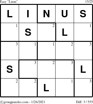 The grouppuzzles.com Easy Linus puzzle for Tuesday January 26, 2021 with the first 3 steps marked