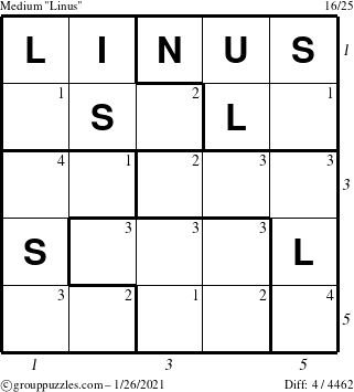 The grouppuzzles.com Medium Linus puzzle for Tuesday January 26, 2021 with all 4 steps marked