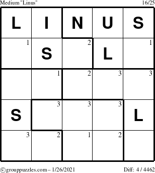 The grouppuzzles.com Medium Linus puzzle for Tuesday January 26, 2021 with the first 3 steps marked