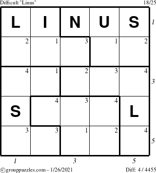 The grouppuzzles.com Difficult Linus puzzle for Tuesday January 26, 2021, suitable for printing, with all 4 steps marked