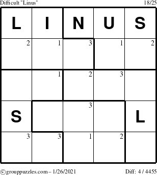 The grouppuzzles.com Difficult Linus puzzle for Tuesday January 26, 2021 with the first 3 steps marked