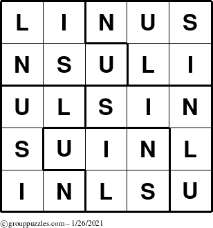 The grouppuzzles.com Answer grid for the Linus puzzle for Tuesday January 26, 2021