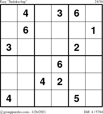 The grouppuzzles.com Easy Sudoku-6up puzzle for Tuesday January 26, 2021