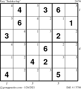 The grouppuzzles.com Easy Sudoku-6up puzzle for Tuesday January 26, 2021 with all 4 steps marked