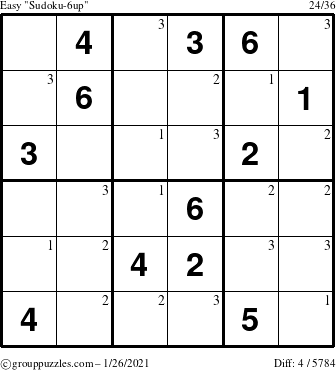 The grouppuzzles.com Easy Sudoku-6up puzzle for Tuesday January 26, 2021 with the first 3 steps marked