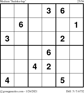 The grouppuzzles.com Medium Sudoku-6up puzzle for Tuesday January 26, 2021