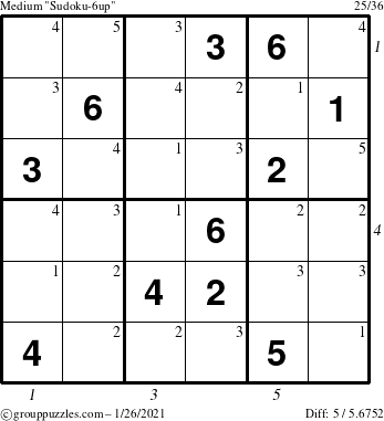 The grouppuzzles.com Medium Sudoku-6up puzzle for Tuesday January 26, 2021 with all 5 steps marked