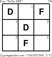 The grouppuzzles.com Easy TicTac-DEF puzzle for Tuesday January 26, 2021 with the first 2 steps marked