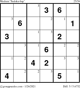 The grouppuzzles.com Medium Sudoku-6up puzzle for Tuesday January 26, 2021 with the first 3 steps marked