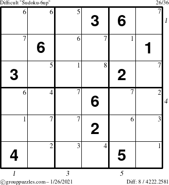 The grouppuzzles.com Difficult Sudoku-6up puzzle for Tuesday January 26, 2021 with all 8 steps marked