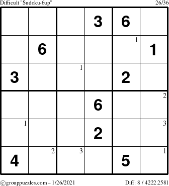 The grouppuzzles.com Difficult Sudoku-6up puzzle for Tuesday January 26, 2021 with the first 3 steps marked