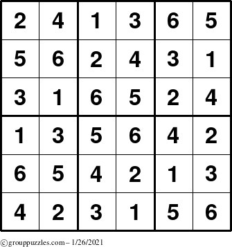 The grouppuzzles.com Answer grid for the Sudoku-6up puzzle for Tuesday January 26, 2021