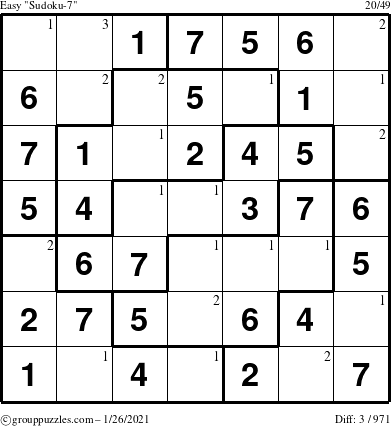 The grouppuzzles.com Easy Sudoku-7 puzzle for Tuesday January 26, 2021 with the first 3 steps marked