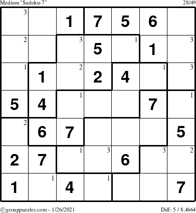 The grouppuzzles.com Medium Sudoku-7 puzzle for Tuesday January 26, 2021 with the first 3 steps marked