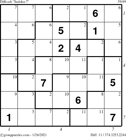 The grouppuzzles.com Difficult Sudoku-7 puzzle for Tuesday January 26, 2021 with all 11 steps marked