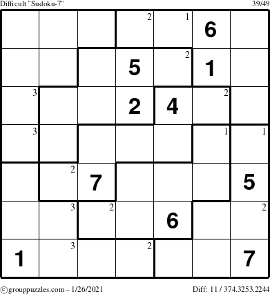 The grouppuzzles.com Difficult Sudoku-7 puzzle for Tuesday January 26, 2021 with the first 3 steps marked