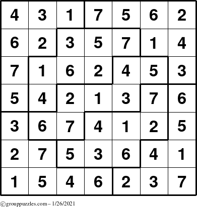 The grouppuzzles.com Answer grid for the Sudoku-7 puzzle for Tuesday January 26, 2021