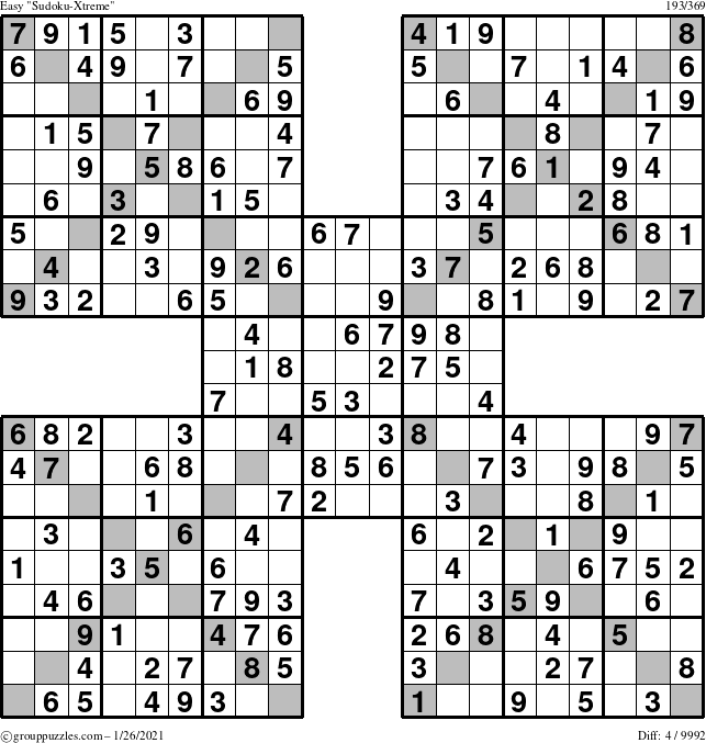 The grouppuzzles.com Easy Sudoku-Xtreme puzzle for Tuesday January 26, 2021