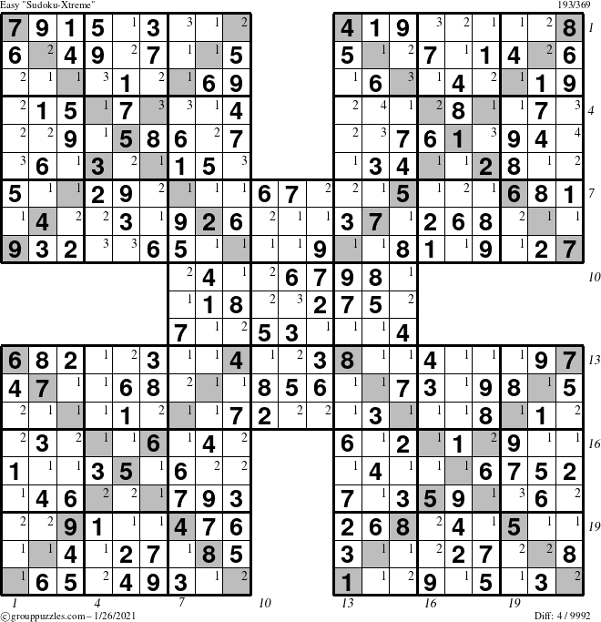 The grouppuzzles.com Easy Sudoku-Xtreme puzzle for Tuesday January 26, 2021 with all 4 steps marked