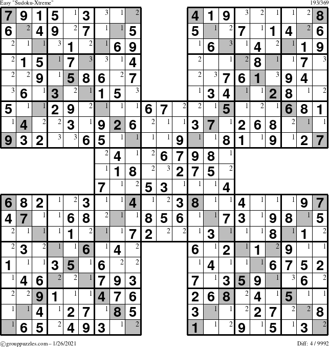 The grouppuzzles.com Easy Sudoku-Xtreme puzzle for Tuesday January 26, 2021 with the first 3 steps marked