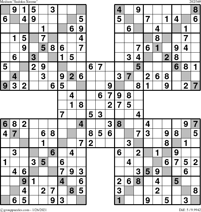 The grouppuzzles.com Medium Sudoku-Xtreme puzzle for Tuesday January 26, 2021