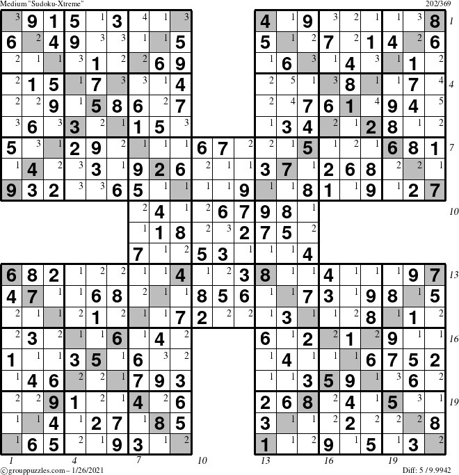 The grouppuzzles.com Medium Sudoku-Xtreme puzzle for Tuesday January 26, 2021 with all 5 steps marked