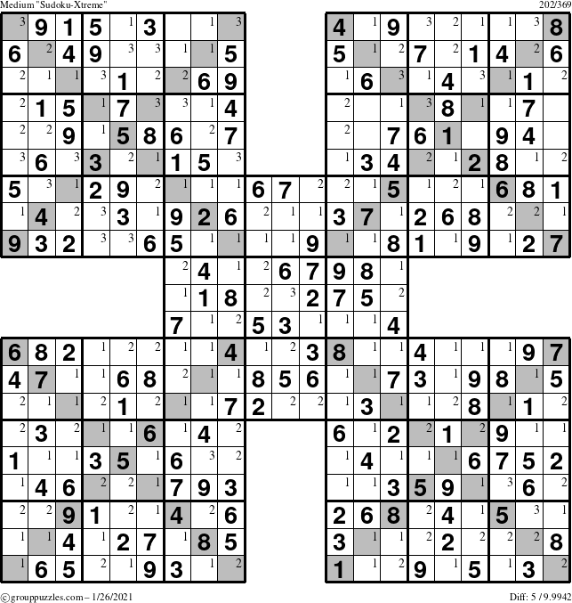 The grouppuzzles.com Medium Sudoku-Xtreme puzzle for Tuesday January 26, 2021 with the first 3 steps marked