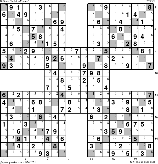 The grouppuzzles.com Difficult Sudoku-Xtreme puzzle for Tuesday January 26, 2021 with all 10 steps marked