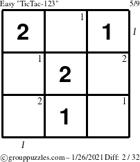 The grouppuzzles.com Easy TicTac-123 puzzle for Tuesday January 26, 2021 with all 2 steps marked