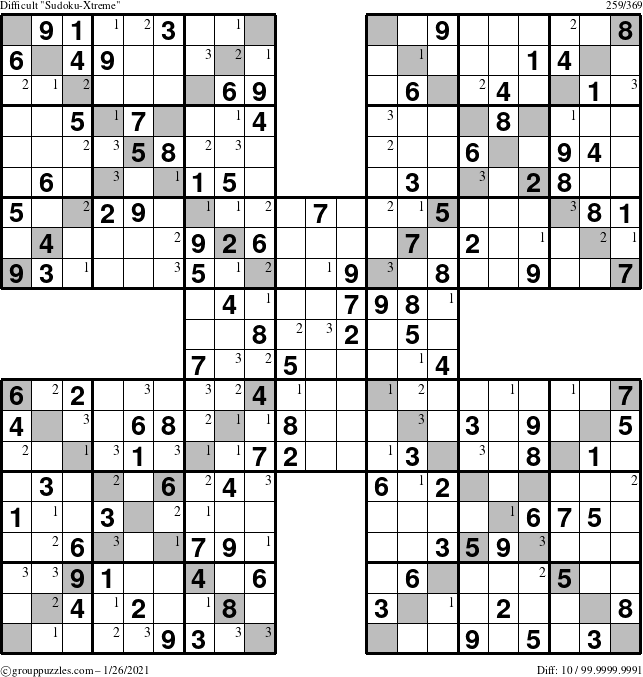 The grouppuzzles.com Difficult Sudoku-Xtreme puzzle for Tuesday January 26, 2021 with the first 3 steps marked