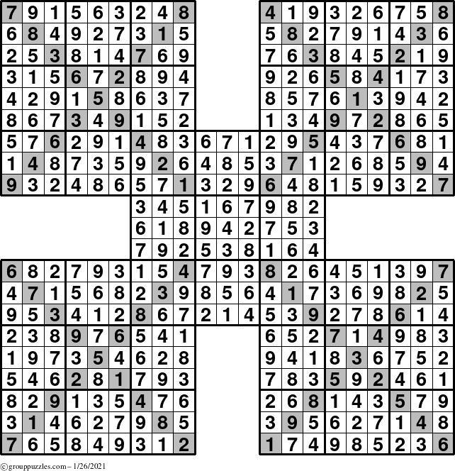 The grouppuzzles.com Answer grid for the Sudoku-Xtreme puzzle for Tuesday January 26, 2021