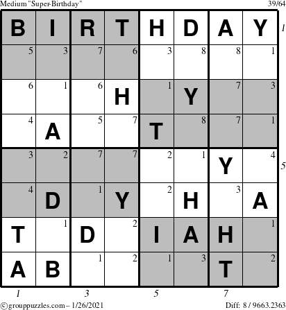 The grouppuzzles.com Medium Super-Birthday puzzle for Tuesday January 26, 2021 with all 8 steps marked