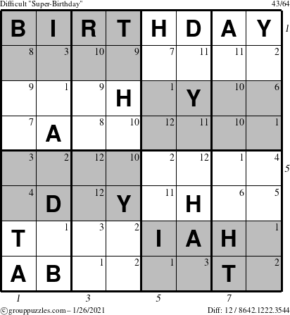 The grouppuzzles.com Difficult Super-Birthday puzzle for Tuesday January 26, 2021 with all 12 steps marked